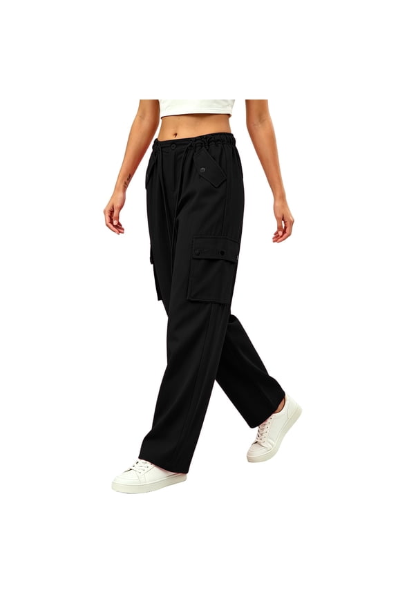 Womens Cargo Parachute Pants Elastic Drawstring Wide Leg Trousers Casual Dance Hip Hop Pants with Multi Pockets