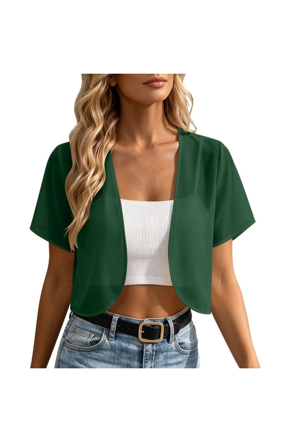 Womens Chiffon Open Front Cropped Cardigans Shrug Short Sleeve Bolero Jacket Sheer Lightweight Summer Cover Up
