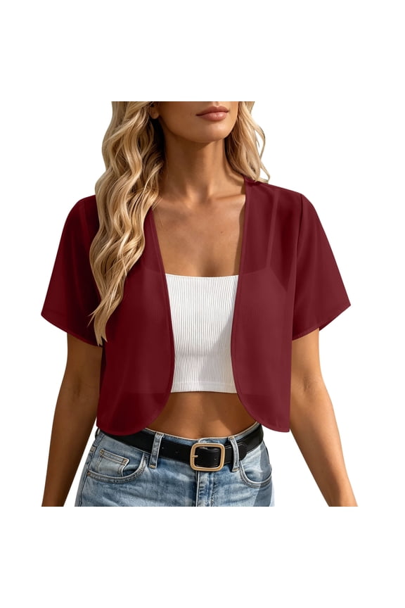 Womens Chiffon Open Front Cropped Cardigans Shrug Short Sleeve Bolero Jacket Sheer Lightweight Summer Cover Up