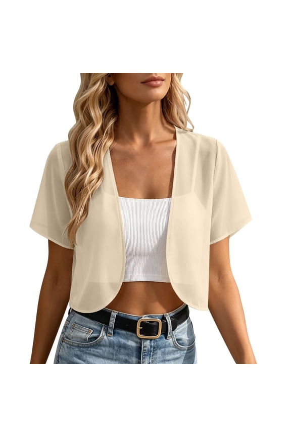 Womens Chiffon Open Front Cropped Cardigans Shrug Short Sleeve Bolero Jacket Sheer Lightweight Summer Cover Up