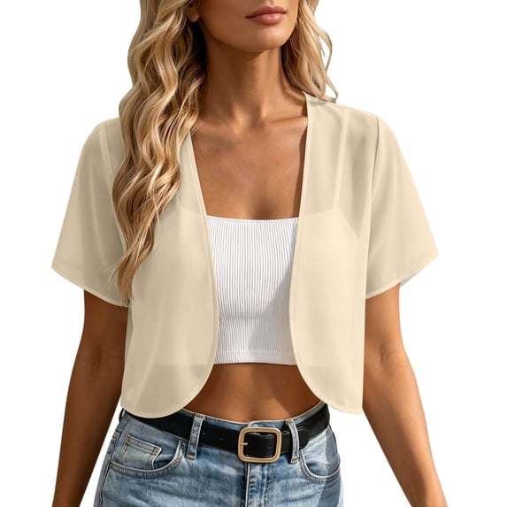WRFWUL Womens Chiffon Open Front Cropped Cardigans Shrug Short Sleeve Bolero Jacket Sheer Lightweight Summer Cover Up