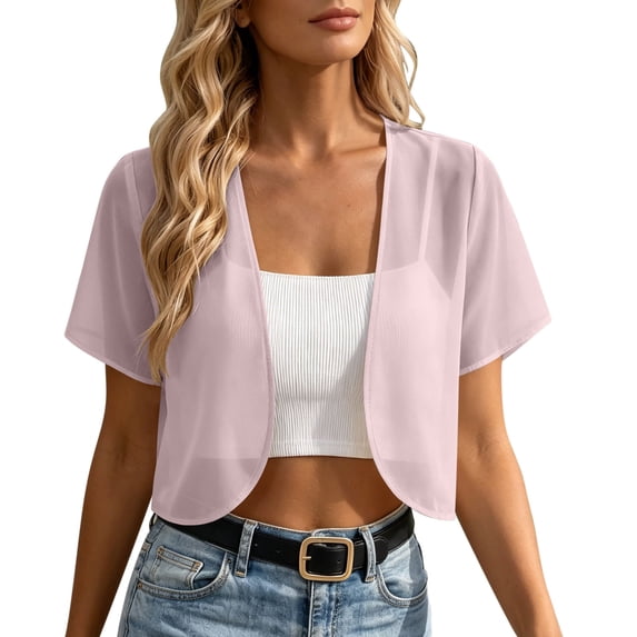 WRFWUL Womens Chiffon Open Front Cropped Cardigans Shrug Short Sleeve Bolero Jacket Sheer Lightweight Summer Cover Up