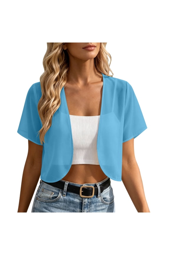 Womens Chiffon Open Front Cropped Cardigans Shrug Short Sleeve Bolero Jacket Sheer Lightweight Summer Cover Up