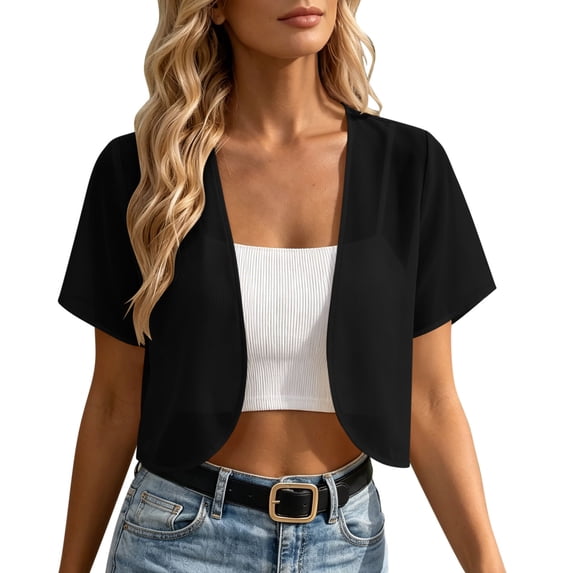 WRFWUL Womens Chiffon Open Front Cropped Cardigans Shrug Short Sleeve Bolero Jacket Sheer Lightweight Summer Cover Up
