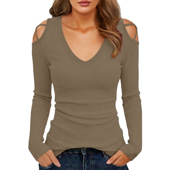 WRFWUL Womens Cold Shoulder Criss Cross V Neck Long Sleeve Tops Slim Fit Ribbed Knit Dressy Casual Fall Basic Shirts