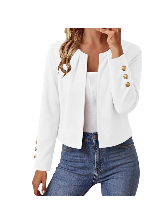 Womens Collarless Open Front Blazer Long Sleeve Gold Button Crop Jacket Business Casual Work Office Lightweight Short Coat