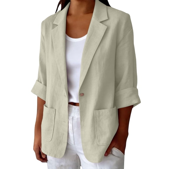 WRFWUL Womens Cotton Linen Blazer 3/4 Sleeve Open Front Notched Collar Jacket Casual Work Office Lightweight Coat with Pockets
