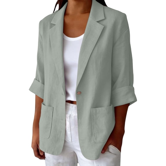 WRFWUL Womens Cotton Linen Blazer 3/4 Sleeve Open Front Notched Collar Jacket Casual Work Office Lightweight Coat with Pockets