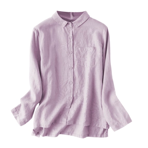 WRFWUL Womens Cotton Linen Button Down Shirts Long Sleeve Collared Blouses High Low Hem Casual Vacation Tops