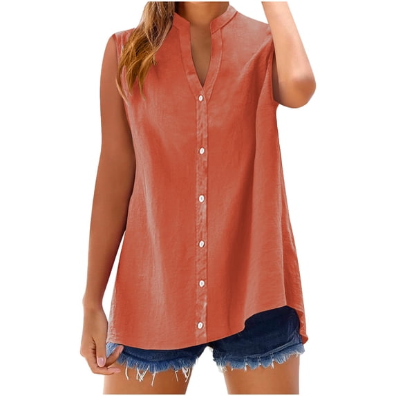 WRFWUL Womens Cotton Linen Button Down Shirts Sleeveless Oversized Boyfriend Solid Tunic Casual Dressy Tops