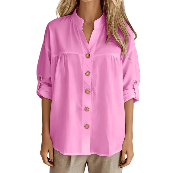 WRFWUL Womens Cotton Linen Shirts Long Sleeve V Neck Button Down Blouses Fall Fashion Work Office Tops