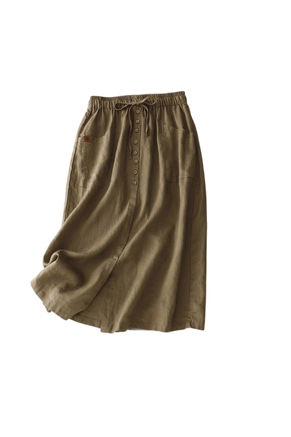Womens Cotton Linen Skirts Summer A Line Flowy Casual Dresses Drawstring High Waist Button Down Midi Skirts