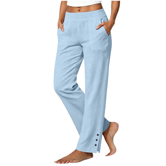 WRFWUL Womens Cotton Linen Straight Leg Pants Button Cuff Elastic Waist Pull On Casual Beach Trousers with Pockets