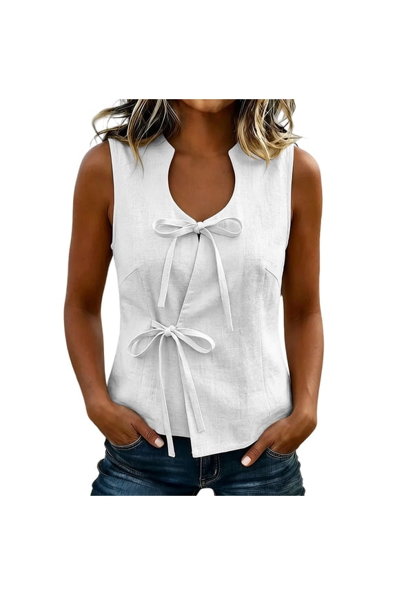 Womens Cotton Linen Tops Double Bow Tie Front Keyhole Neck Sleeveless Shirts Loose Fit Summer Casual Lightweight Vest Blouses