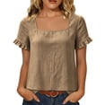 thumbnail image 1 of WRFWUL Womens Cotton Linen Tops Square Neck Short Sleeve Shirts Ruffle Trim Loose Fit Solid Color Blouses Summer Casual Vacation Clothing, 1 of 6