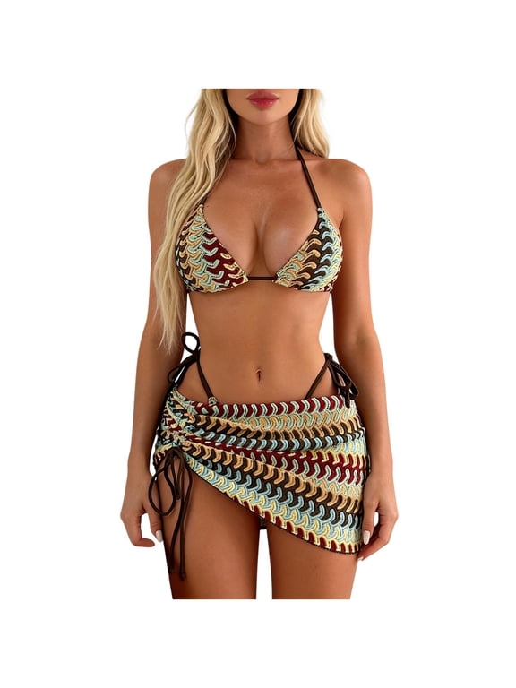 Womens Crochet Bikini Sets 3 Piece Knit Swimsuits with Skirt Boho Chevron Pattern Halter Tie Side Retro Bathing Suits