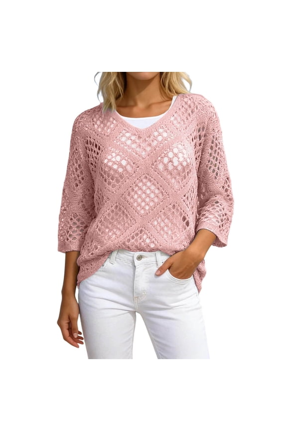 Womens Crochet Tops 3/4 Length Sleeve V Neck Sheer Hollow Out Knit Sweater Shirt Summer Beach Cover Ups