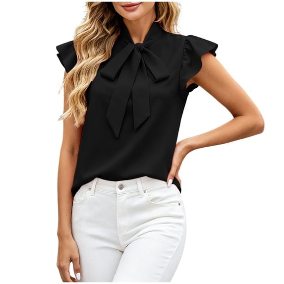 WRFWUL Womens Elegant Bow Tie Neck Ruffle Cap Sleeve Blouses Casual Loose Fit Solid Shirts Summer Office Going Out Tops