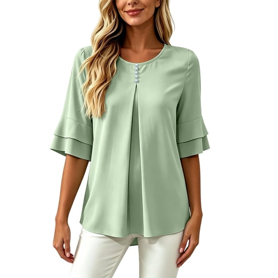 WRFWUL Womens Elegant Button Blouses Casual Crewneck Tiered Ruffle Sleeve Shirts Loose Fit Curved Back Chiffon Tops