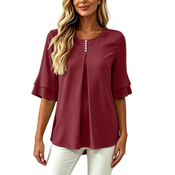 WRFWUL Womens Elegant Button Blouses Casual Crewneck Tiered Ruffle Sleeve Shirts Loose Fit Curved Back Chiffon Tops