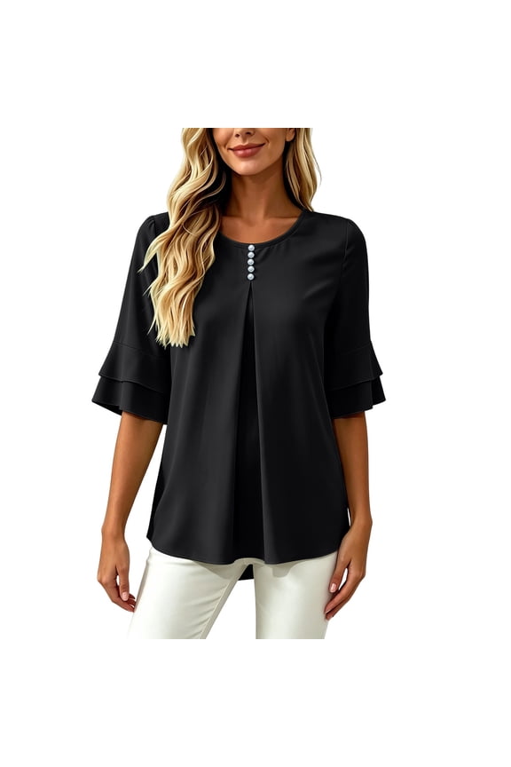 Womens Elegant Button Blouses Casual Crewneck Tiered Ruffle Sleeve Shirts Loose Fit Curved Back Chiffon Tops
