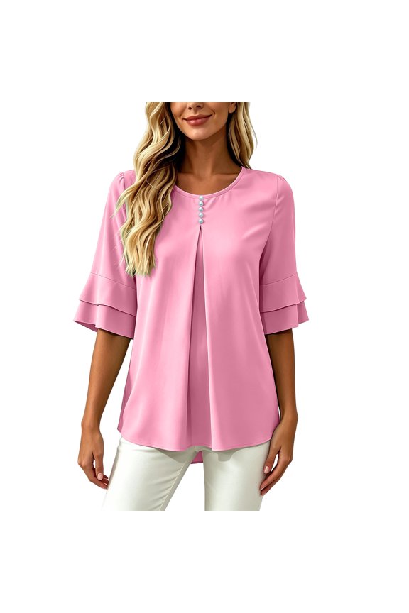 Womens Elegant Button Blouses Casual Crewneck Tiered Ruffle Sleeve Shirts Loose Fit Curved Back Chiffon Tops