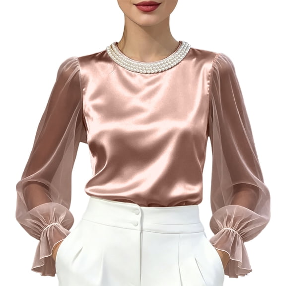 WRFWUL Womens Elegant Pearl Satin Top Silk Chiffon Flounce Long Sleeve Blouses Sheer Mesh Dressy Casual Formal Office Tops