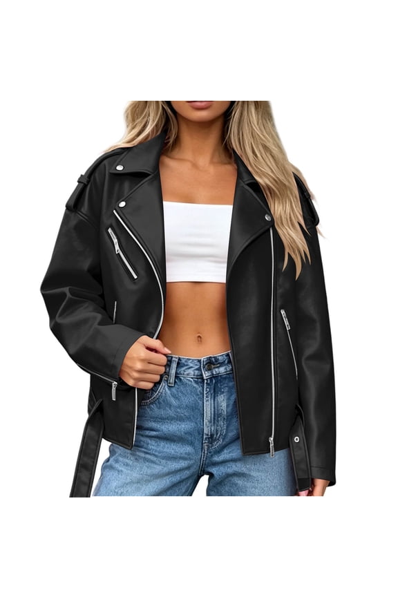 Womens Faux Leather Moto Jacket Zip Up Lapel Collar Long Sleeve Biker Coat Fall Outdoor Hiking Camping Outerwear