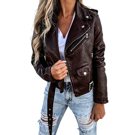 WRFWUL Womens Faux Leather Moto Jacket Zip Up Lapel Collar Long Sleeve Biker Coat Fall Winter Casual Trendy Outerwear