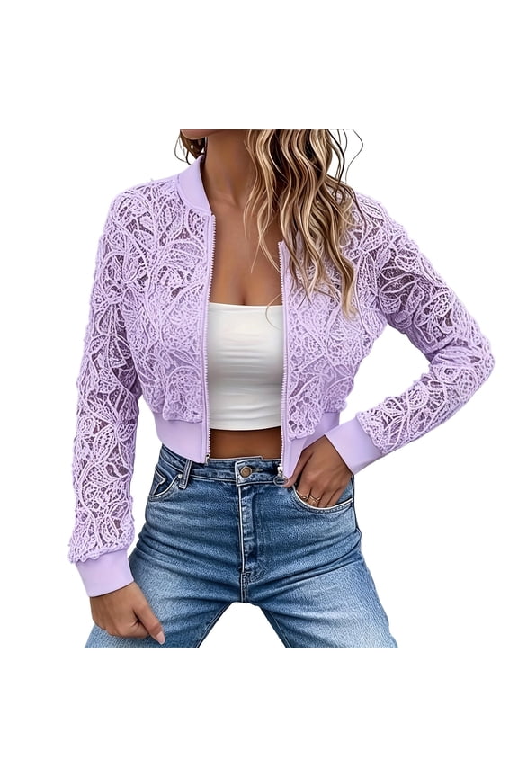 Womens Floral Lace Bomber Jacket Long Sleeve Zip Up See Through Cropped Cardigans Lightweight Mesh Outwear Coat