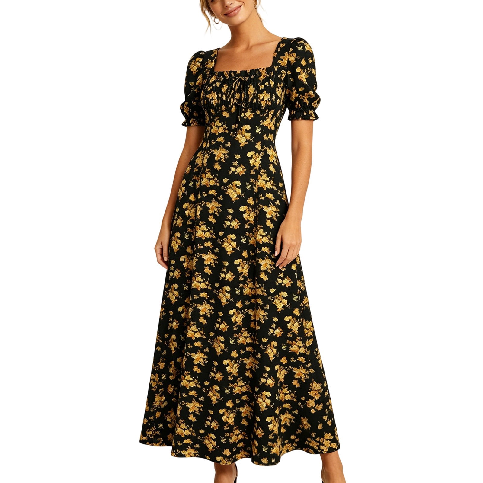 homecoming midi dresses Wrfwul Womens Floral Print Dress Square Neck Puff Sleeve High Waist A Line Maxi Dress Flowy Peplum Dresses, Women's, Size: Small Traditional Bridal Indian Pakistani Designer Sarees in OAKLEY GREEN