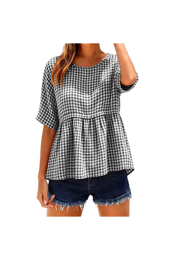 Womens Gingham Plaid Babydoll Tops Casual Loose Fit Crew Neck Half Sleeve Shirts Summer Business Office Blouses