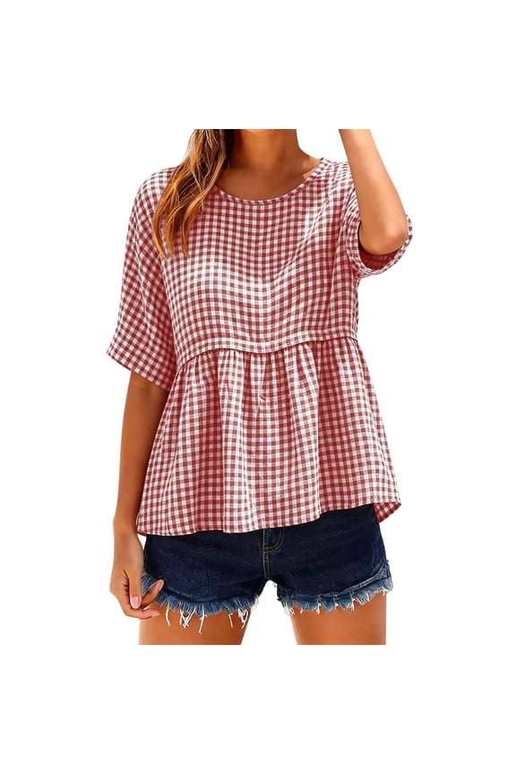 Womens Gingham Plaid Babydoll Tops Casual Loose Fit Crew Neck Half Sleeve Shirts Summer Business Office Blouses