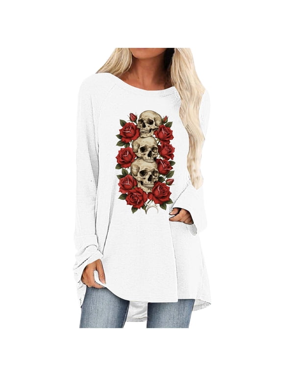 Womens Gothic Skull Rose Print Tunic Tops Long Sleeve Crewneck Halloween Party Tee Tops