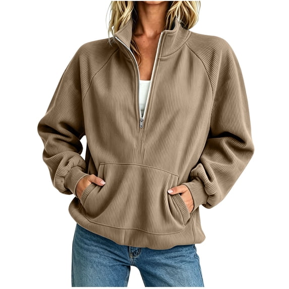 WRFWUL Womens Half Zip Sweatshirt Ribbed Knit Long Sleeve Stand Collar Pullover Tops Casual Loose Fit Fall Winter Warm Outwear with Pockets