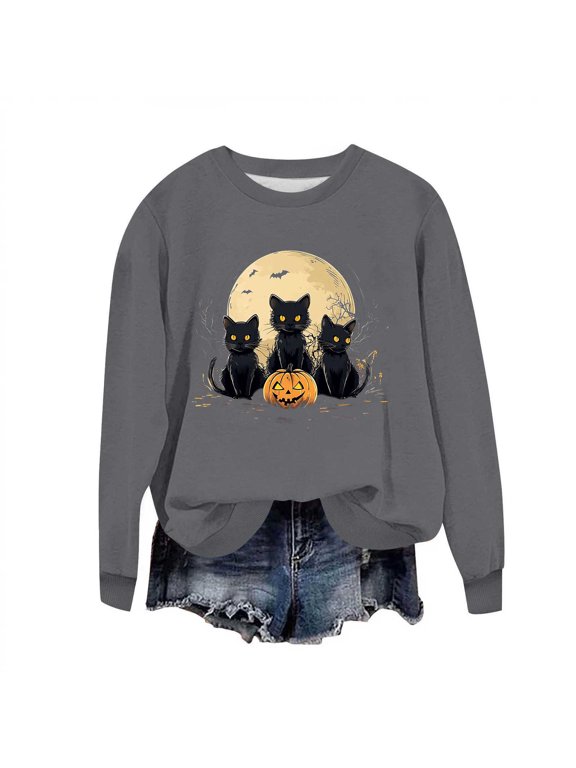 Womens Halloween Black Cat Sweatshirts Cute Pumpkin Moon Graphic Crewneck Long Sleeve Pullover Tops