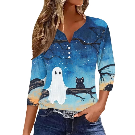 WRFWUL Womens Halloween Witch Ghost Pumpkin Henley Tee Shirts Spooky 3/4 Sleeve Button V Neck Tops
