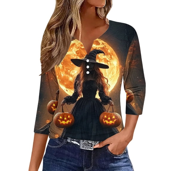 WRFWUL Womens Halloween Witch Ghost Pumpkin Henley Tee Shirts Spooky 3/4 Sleeve Button V Neck Tops