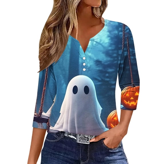WRFWUL Womens Halloween Witch Ghost Pumpkin Henley Tee Shirts Spooky 3/4 Sleeve Button V Neck Tops
