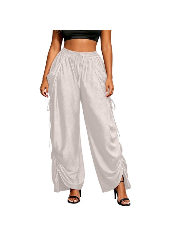 Womens High Waist Drawstring Wide Leg Pants Casual Loose Fit Ruched Side Slit Hem Pants Summer Lounge Streetwear Outfits