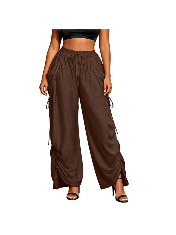 Womens High Waist Drawstring Wide Leg Pants Casual Loose Fit Ruched Side Slit Hem Pants Summer Lounge Streetwear Outfits
