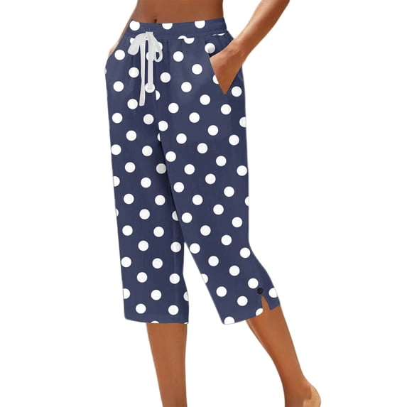 WRFWUL Womens High Waist Polka Dot Cotton Capri Pants Elastic Waist Drawstring Wide Leg Pajamas Pants Summer Casual Lounge Trousers