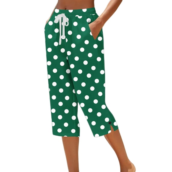 WRFWUL Womens High Waist Polka Dot Cotton Capri Pants Elastic Waist Drawstring Wide Leg Pajamas Pants Summer Casual Lounge Trousers