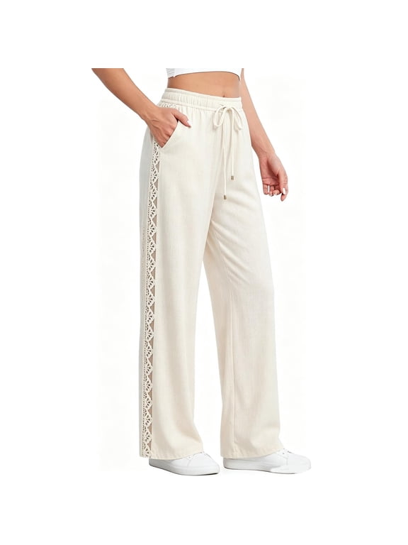 Womens High Waist Wide Leg Palazzo Pants Elastic Drawstring Waist Flowy Lace Trousers Casual Summer Beach Vacation Outfits