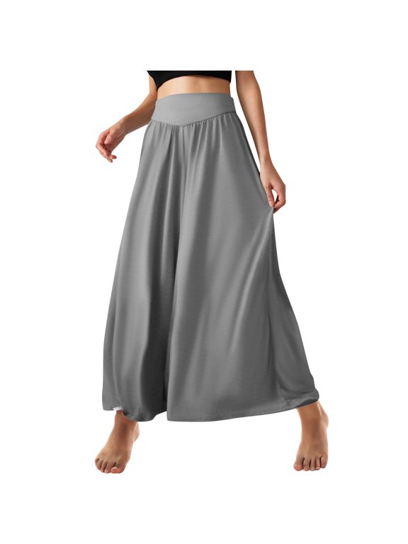 Womens High Waist Wide Leg Palazzo Pants Soft Flowy Elastic Waist Ruffle Hem Casual Lounge Beach Maxi Trousers