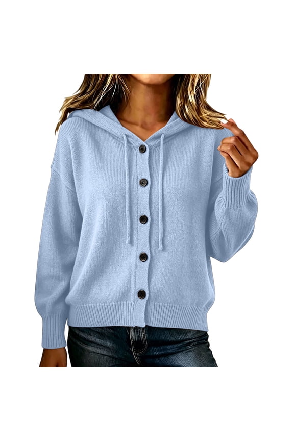 Womens Hooded Knit Sweater Drawstring Hood Long Sleeve Button Down Tops Loose Casual Fall Winter Warm Outerwear