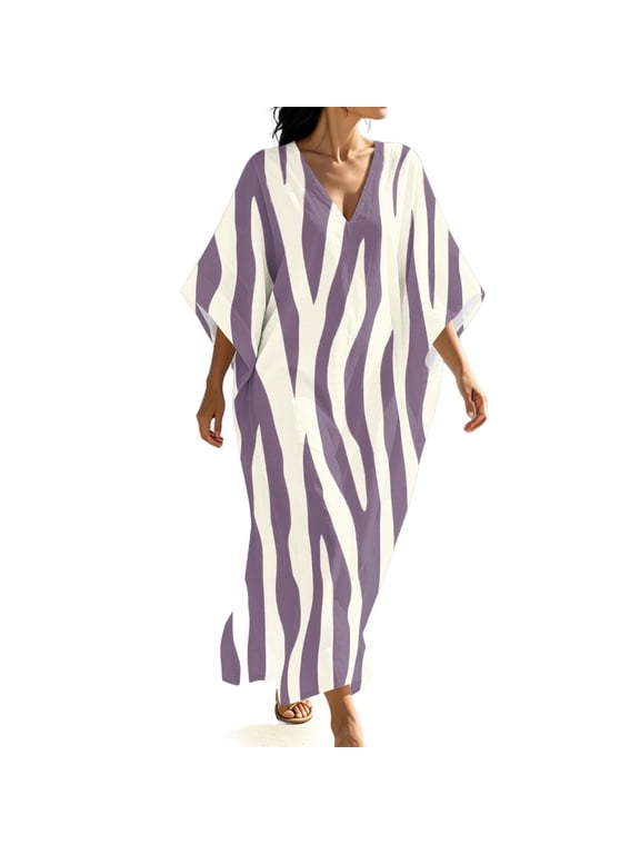 Womens Kaftan Maxi Dress 3/4 Sleeve V Neck Zebra Print Flowy Beach Cover Up Resort Lounge Pool Swimwear Dresses