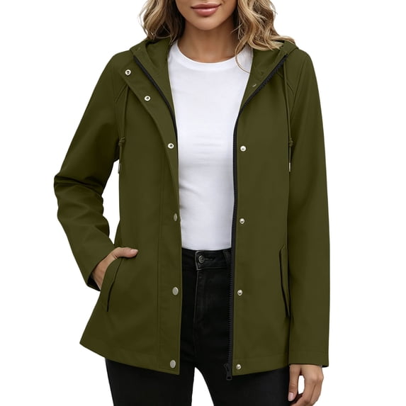WRFWUL Womens Lightweight Hooded Rain Jacket Zip Front Snap Button Placket Windbreaker Casual Fall Outdoor Travel Coat with Pockets