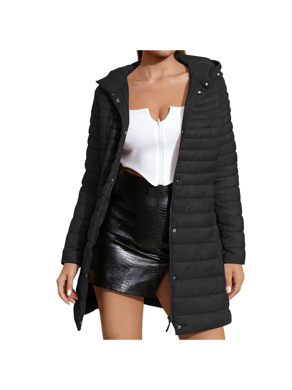 Womens Long Puffer Coat Hooded Quilted Down Jacket Winter Warm Lightweight Packable Outerwear Windproof Thick Overcoat