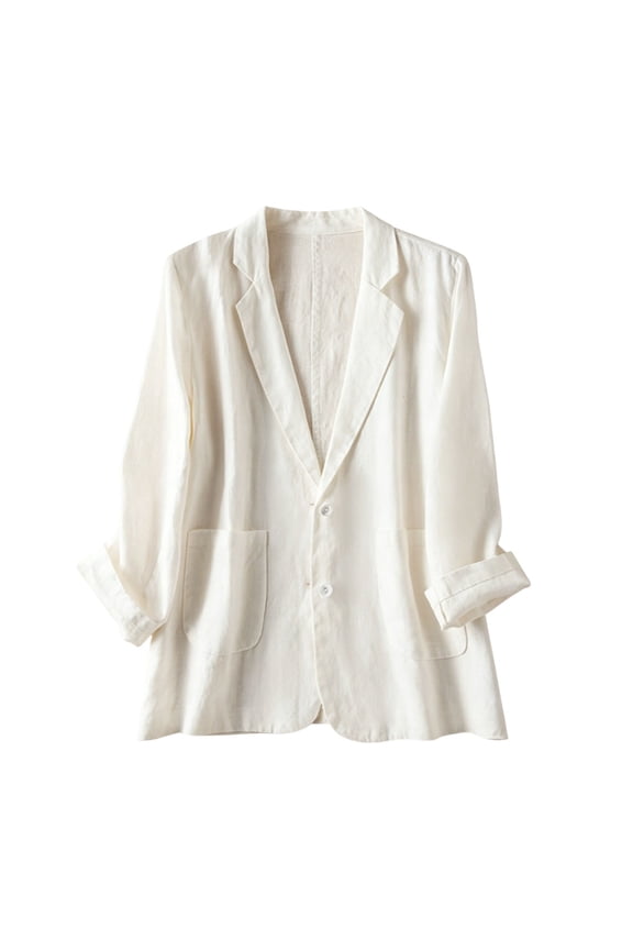 Womens Long Sleeve Cotton Linen Blazer Jacket Lightweight Notched Lapel Button Jackets Casual Workwear Outerwear Coat